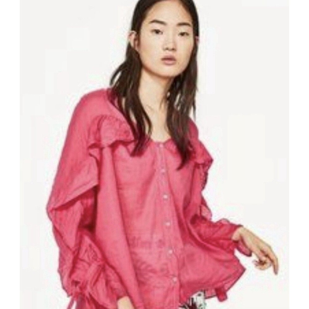 Zara Cotton Ramie Pink Ruffled Semi-Sheer Oversized Ruffle Blouse Size XS Boho